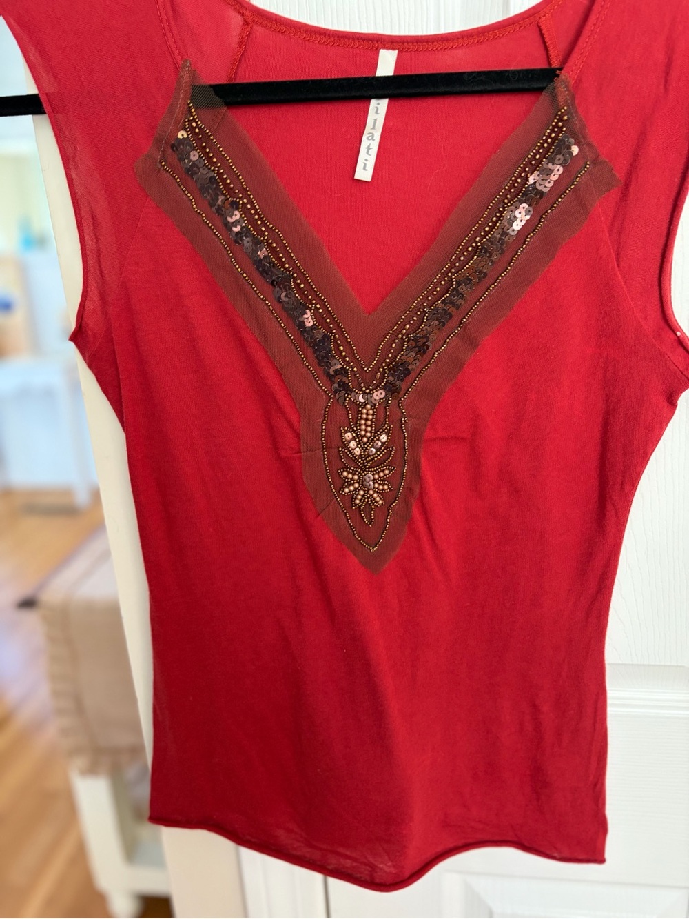 Fila Red Embellished V-Neck Sleeveless Tank